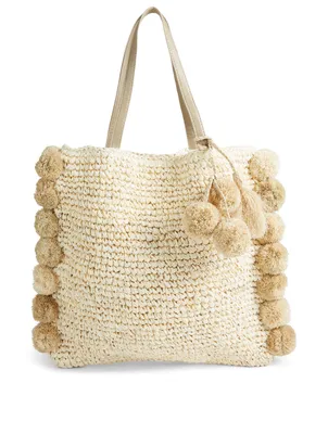 Melanie Woven Palm Tote Bag With Poms