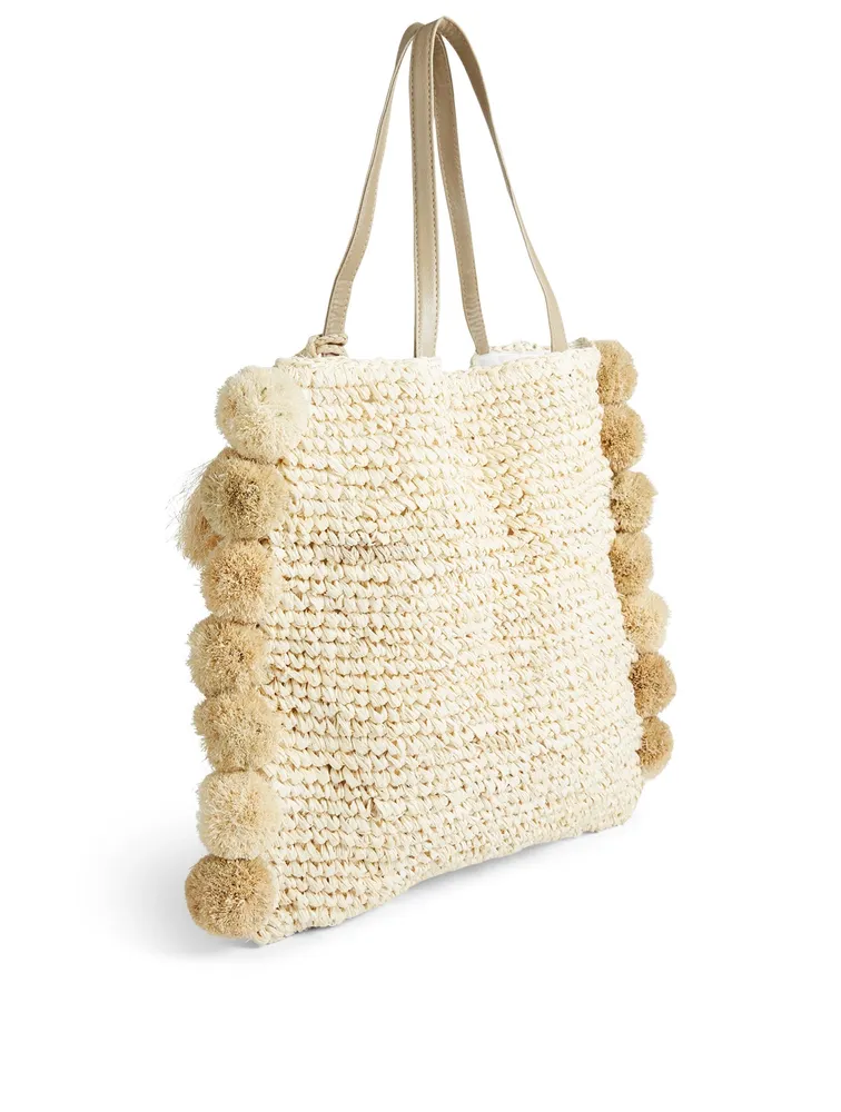Melanie Woven Palm Tote Bag With Poms