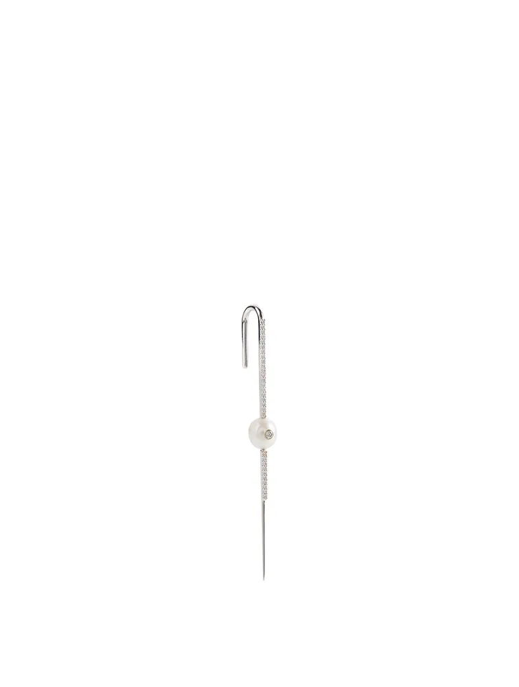 18K White Gold Floating Pearl Pavé Diamond Ear Pin