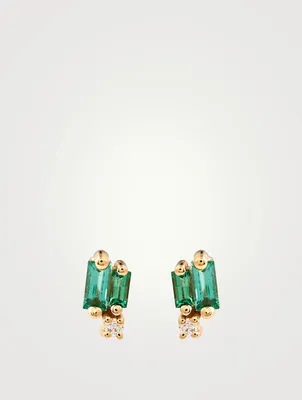 18K Gold Layered Stud Earrings With Emerald And Diamonds