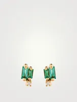 18K Gold Layered Stud Earrings With Emerald And Diamonds