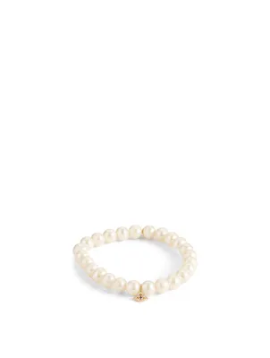 Pearl Beaded Bracelet With Tiny 14K Gold Diamond And Sapphire Evil Eye Charm