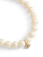 Pearl Beaded Bracelet With Tiny 14K Gold Diamond And Sapphire Evil Eye Charm