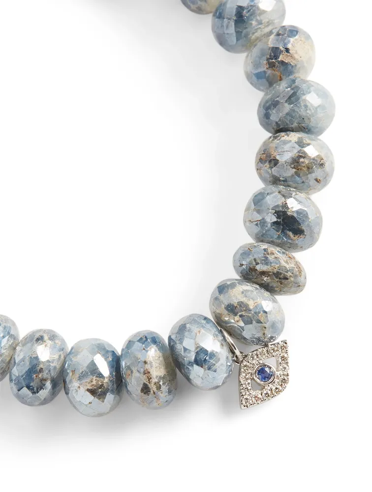 Kyanite Beaded Bracelet With 14K White Gold Diamond And Sapphire Evil Eye Charm
