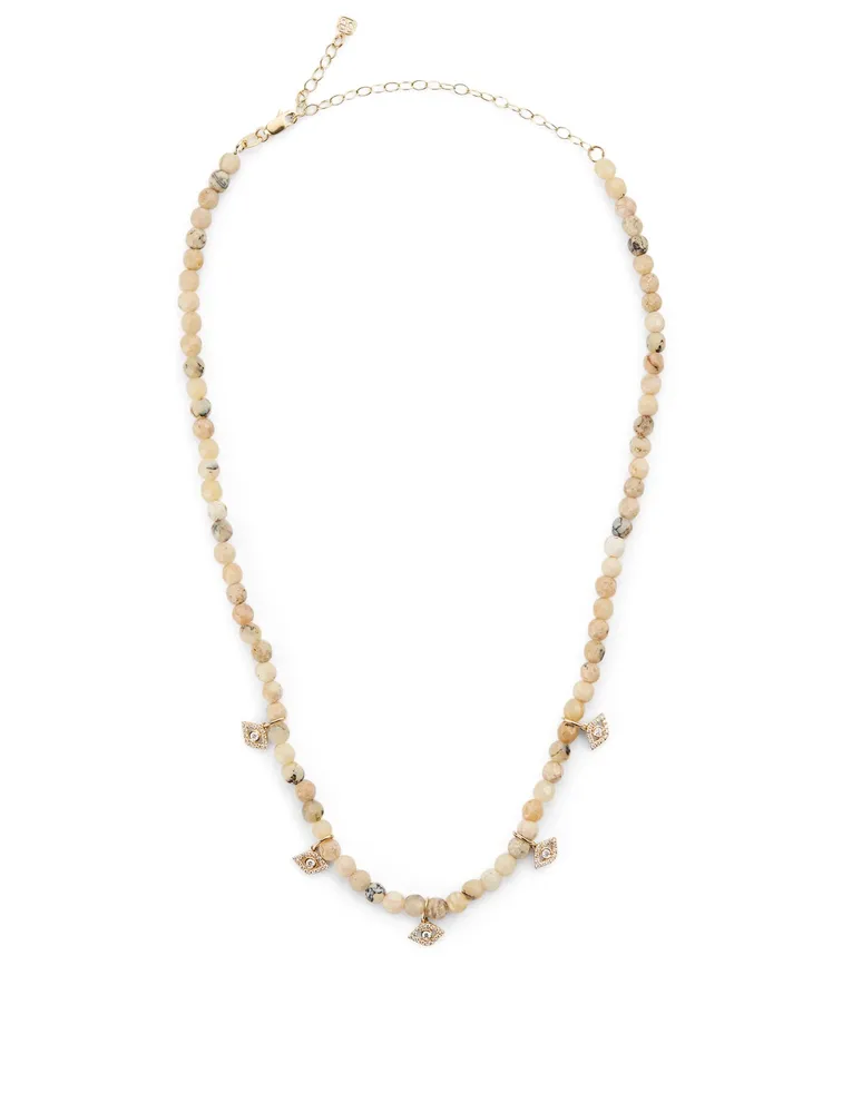 Beaded Opal Choker Necklace With 14K Evil Eye Diamond Charms