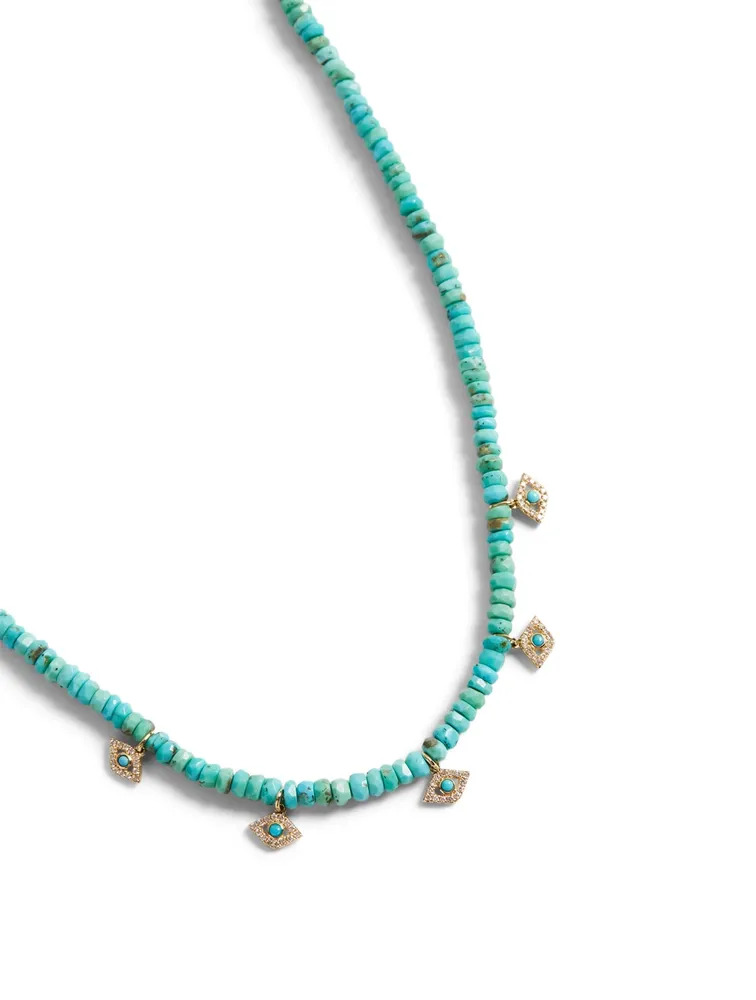 14K Gold Evil Eye Turquoise Choker Necklace With Diamonds