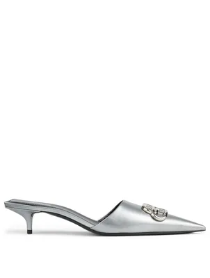 Square Knife Metallic Leather Kitten Heel Mules