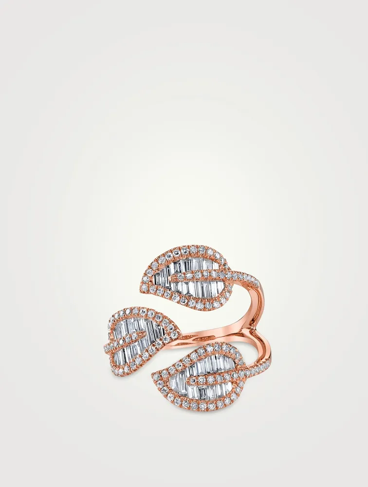 18K Rose Gold Tri-Leaf Ring With Diamonds