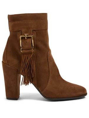 Suede Heeled Ankle Boots With Fringe