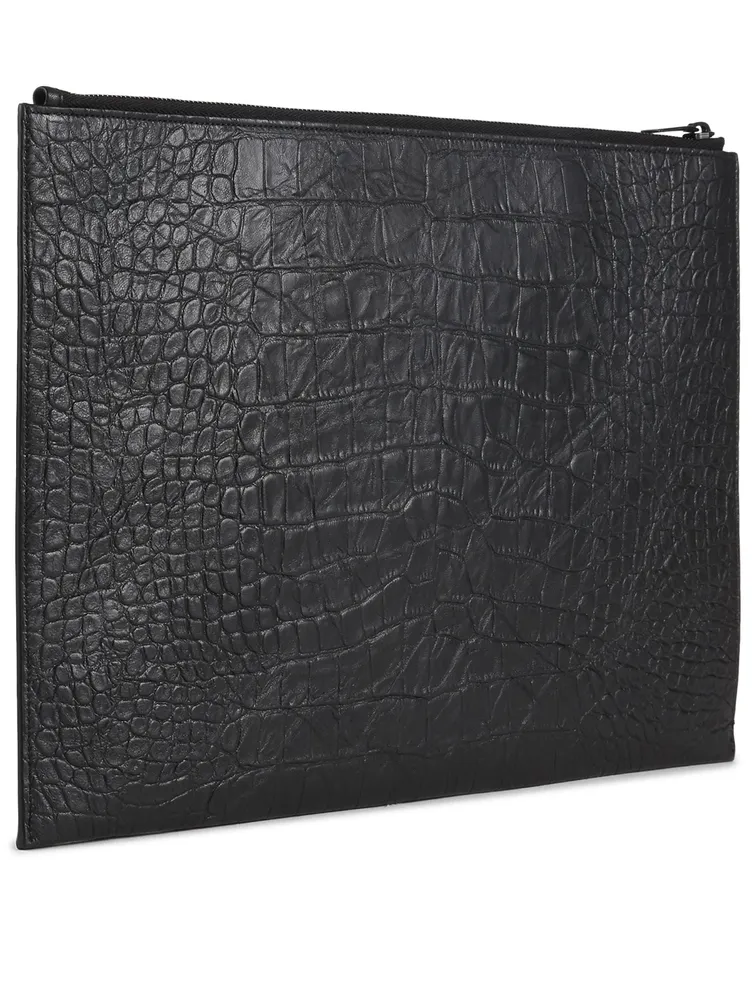Monogram Croc-Embossed Leather Zipped Pouch
