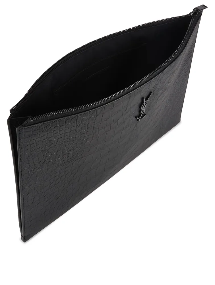 Monogram Croc-Embossed Leather Zipped Pouch