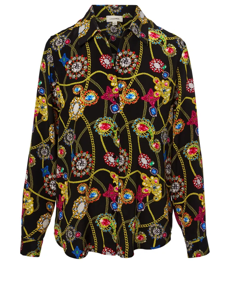 Nina Silk Button-Up Blouse Jewel Print