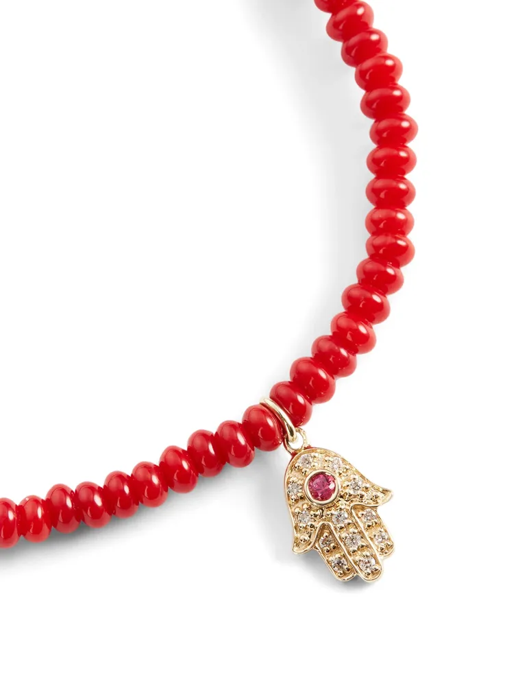 Beaded Bracelet With Baby 14K Gold Ruby Hamsa Charm