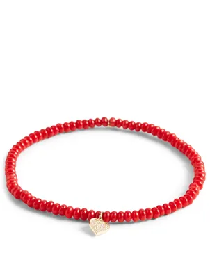 Red Bamboo Coral Beaded Bracelet With 14K Gold Baby Heart Diamond Heart Charm