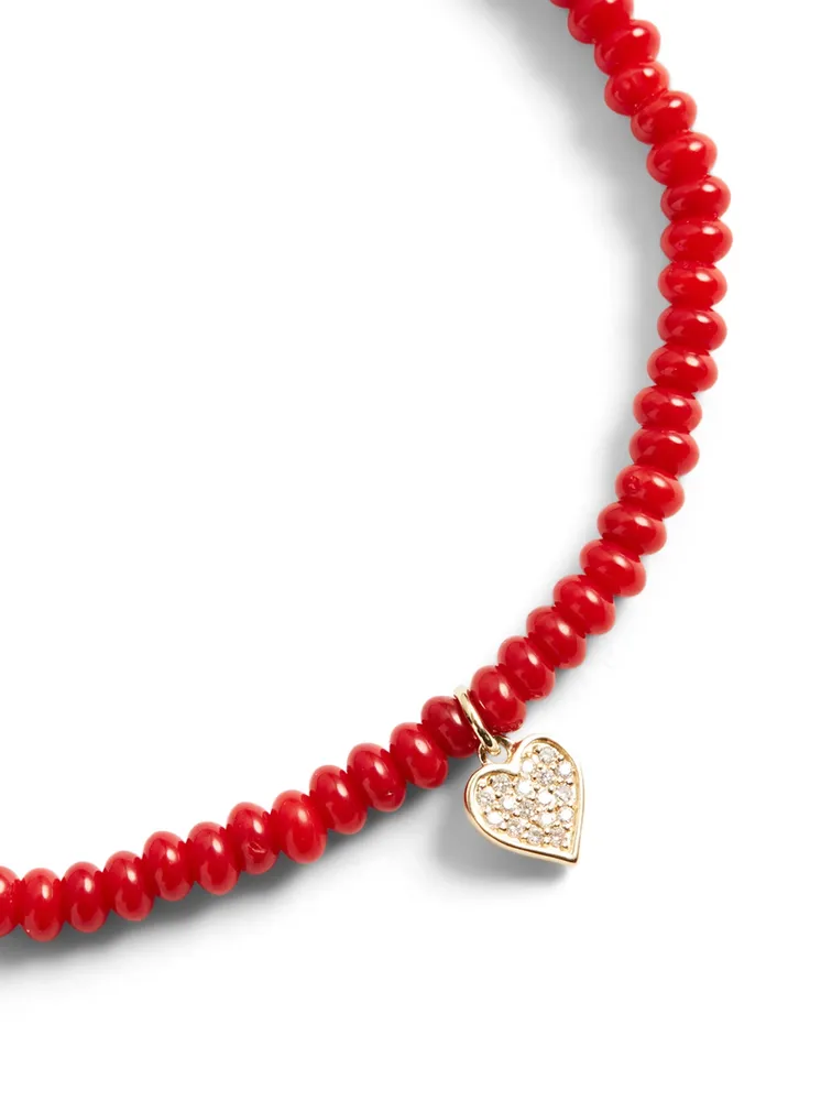 Red Bamboo Coral Beaded Bracelet With 14K Gold Baby Heart Diamond Heart Charm