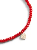 Red Bamboo Coral Beaded Bracelet With 14K Gold Baby Heart Diamond Heart Charm