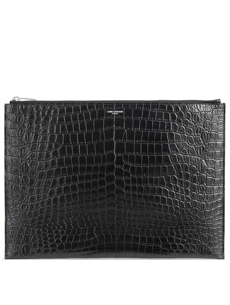 Croc-Embossed Leather Pouch
