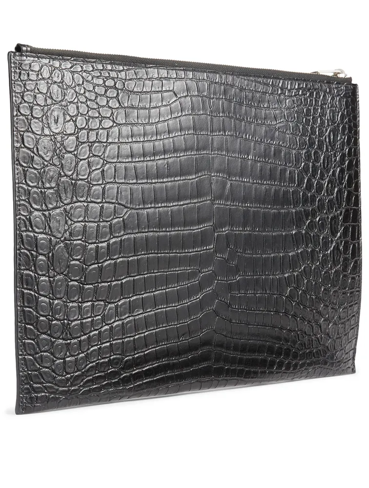 Croc-Embossed Leather Pouch