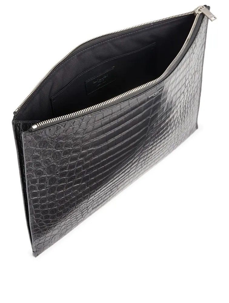 Croc-Embossed Leather Pouch