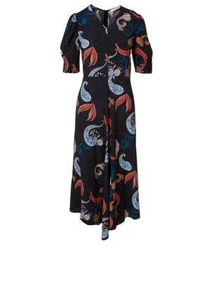 Puff-Shoulder Midi Dress Paisley Print