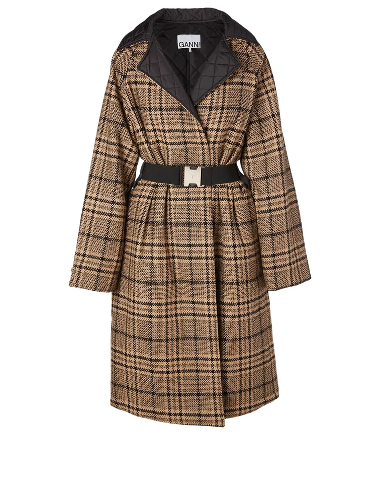 Wool-Blend Wrap Coat Check Print