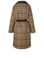 Wool-Blend Wrap Coat Check Print