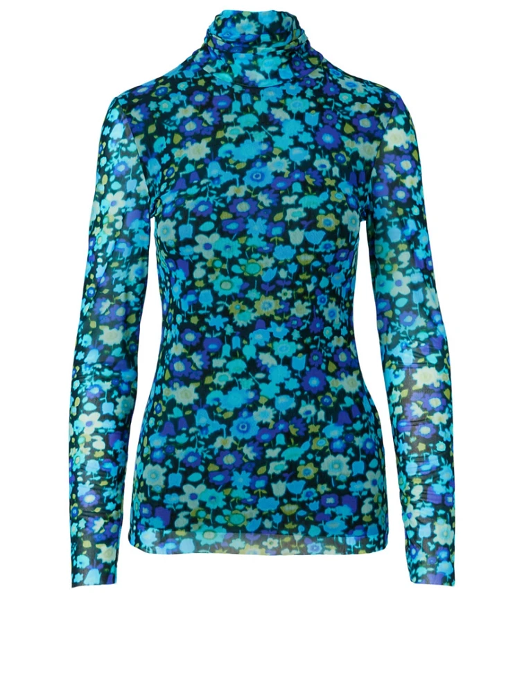 Mesh Turtleneck Top Floral Print