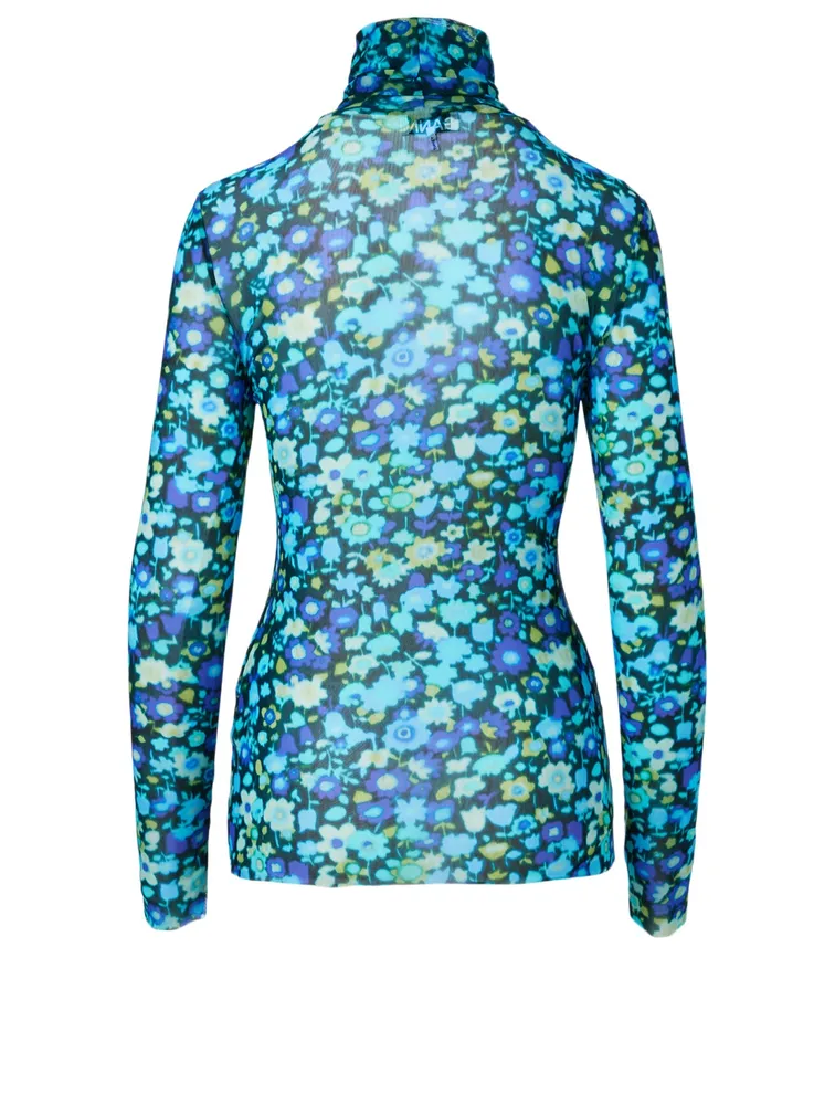 Mesh Turtleneck Top Floral Print
