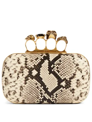 Leather Four-Ring Box Clutch Bag In Snake Print With Crystals