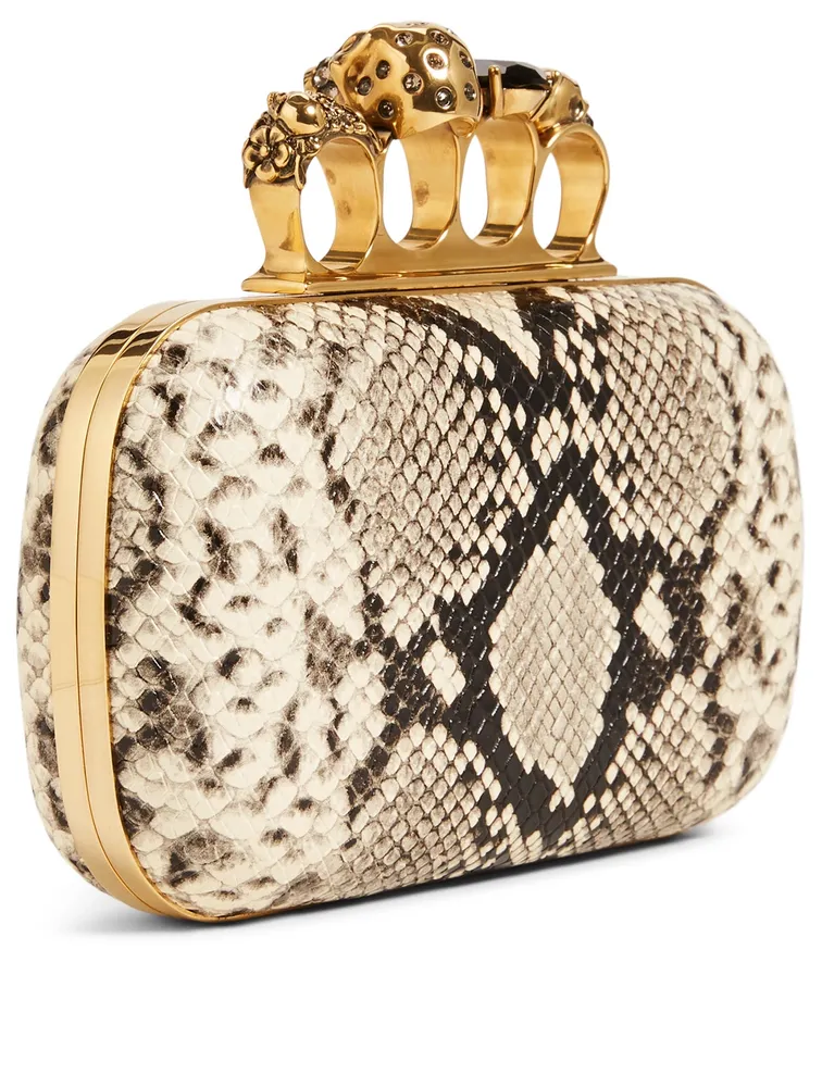 Leather Four-Ring Box Clutch Bag In Snake Print With Crystals