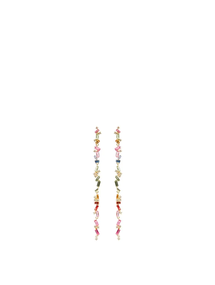 Rainbow Fireworks 18K Gold Long Drop Earrings With Sapphires And Diamonds