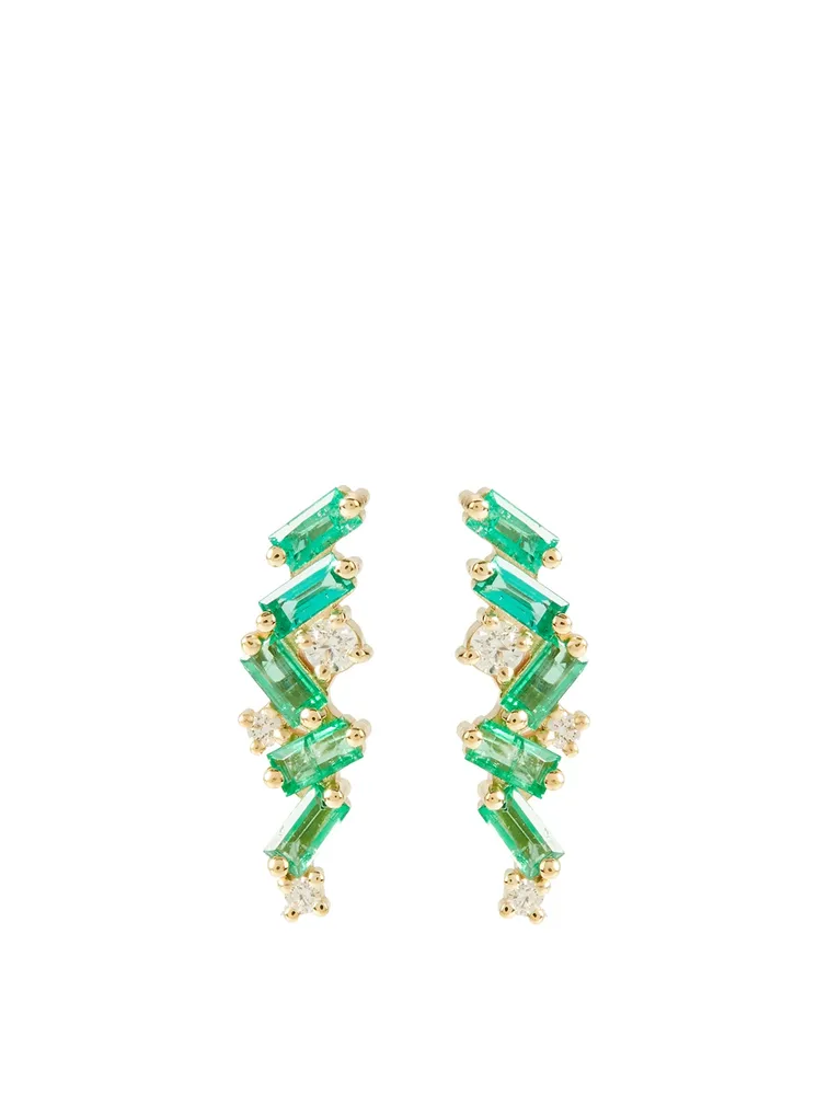 Rainbow Fireworks 18K Gold Cluster Studs With Emeralds And Diamonds