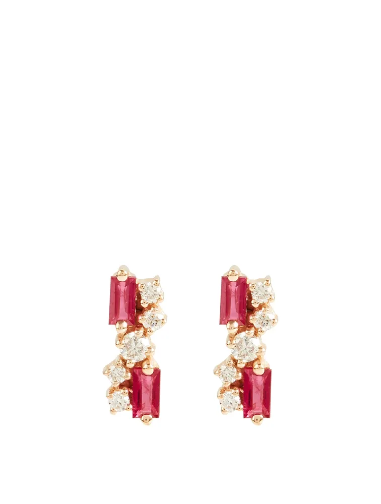 Medium Rainbow Fireworks 18K Rose Gold Stud Earrings With Rubies And Diamonds