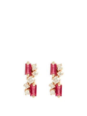 Medium Rainbow Fireworks 18K Rose Gold Stud Earrings With Rubies And Diamonds