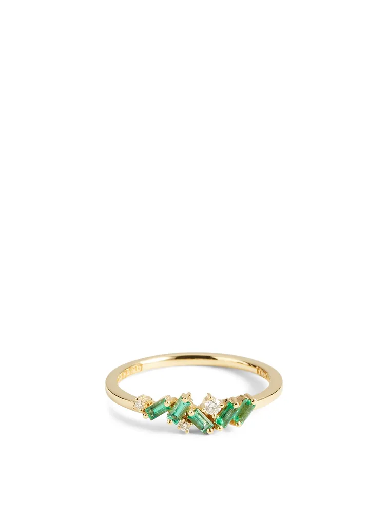 Rainbow Fireworks 18K Gold Cluster Ring With Emeralds And Diamonds