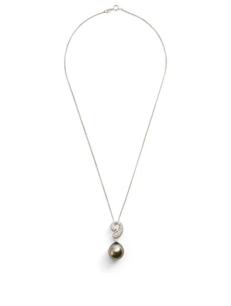 18K White Gold Pearl Pendant Necklace With Diamonds