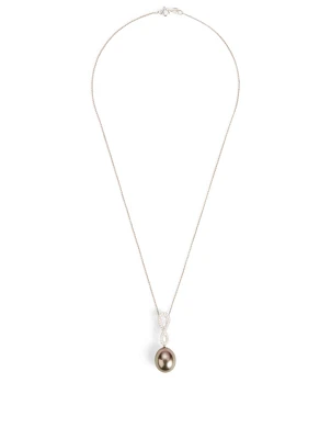 18K White Gold Black Pearl Pendant Necklace With Diamonds