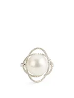 18K White Gold Pearl Ring With Diamonds