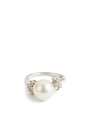 18K White Gold Pearl Ring With Diamonds
