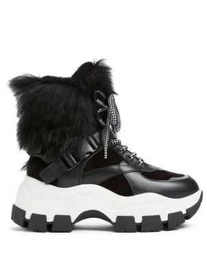 Leather And Suede Lace-Up Boots With Fur