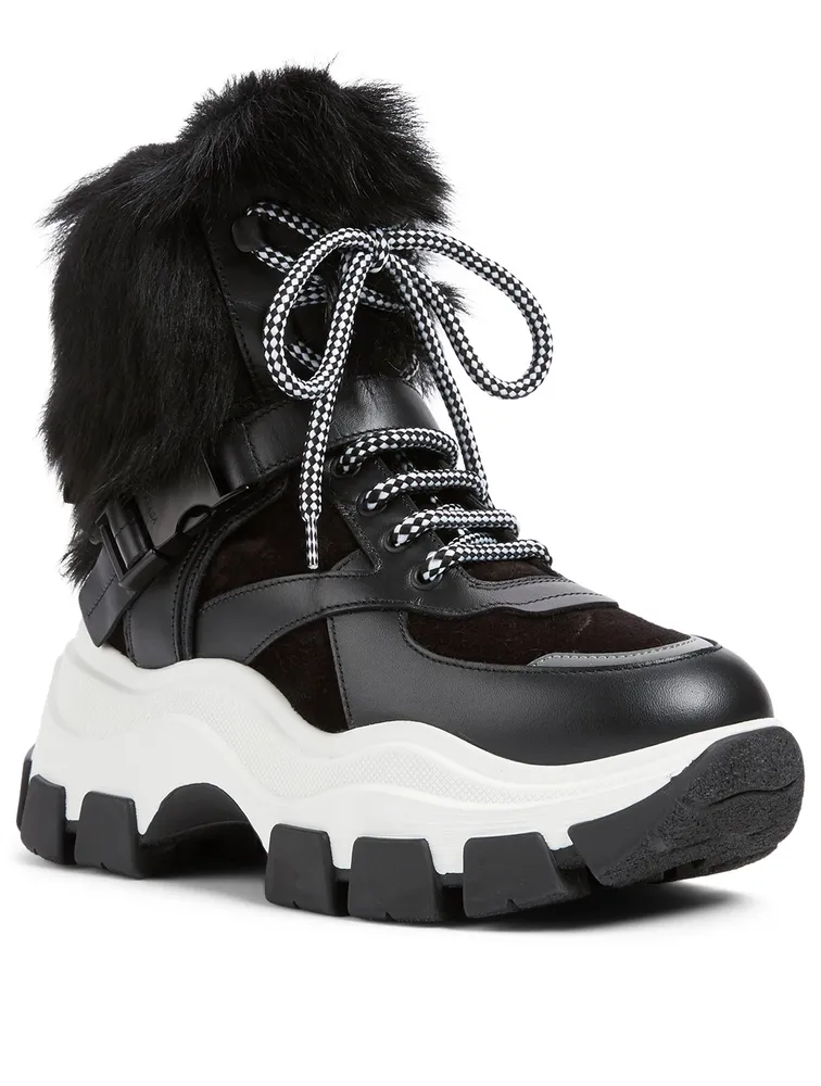 Leather And Suede Lace-Up Boots With Fur