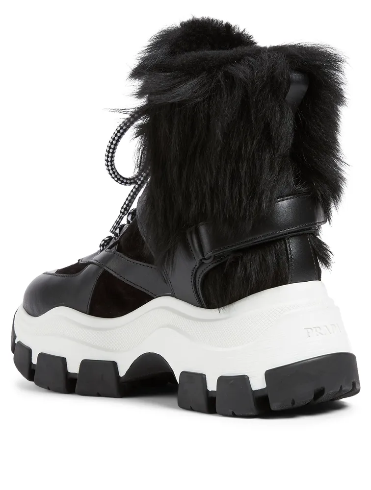 Leather And Suede Lace-Up Boots With Fur