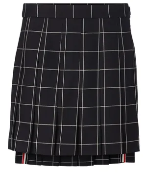 Wool Pleated Skirt Windowpane Print