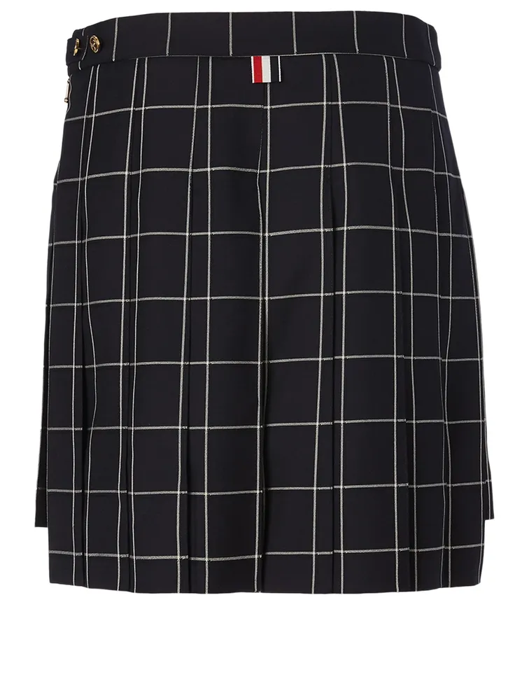 Wool Pleated Skirt Windowpane Print