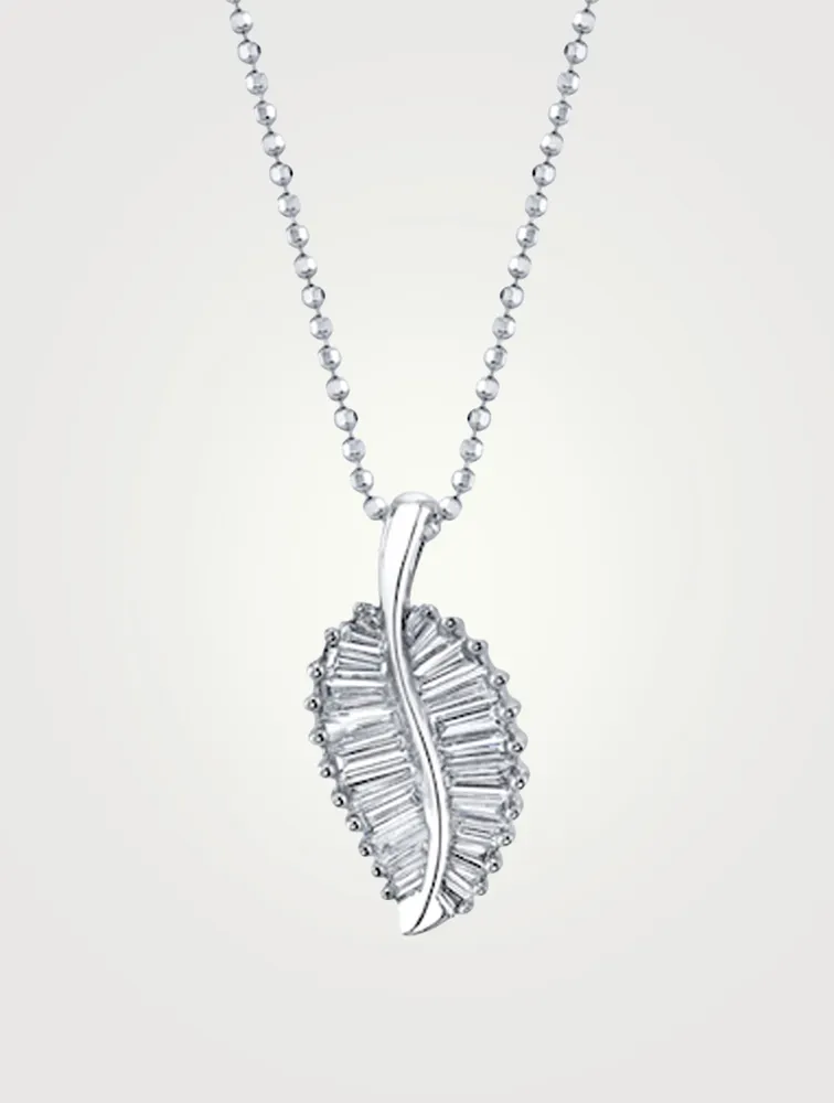 Classic 18K White Gold Palm Leaf Pendant Necklace With Diamonds