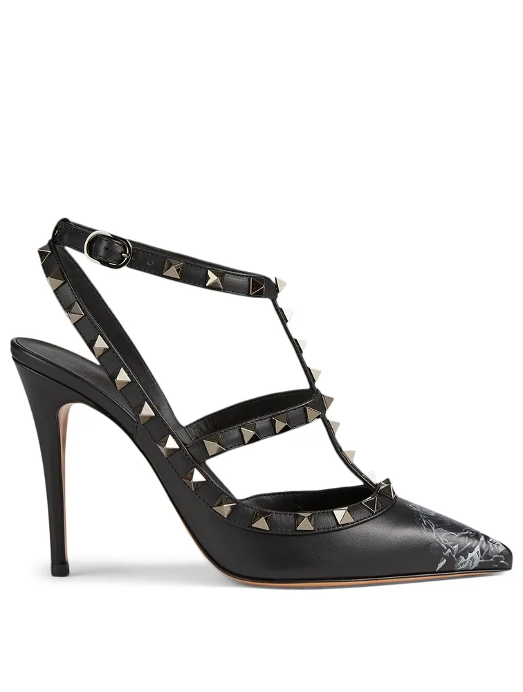 Rockstud Leather Caged Pumps Floral Print