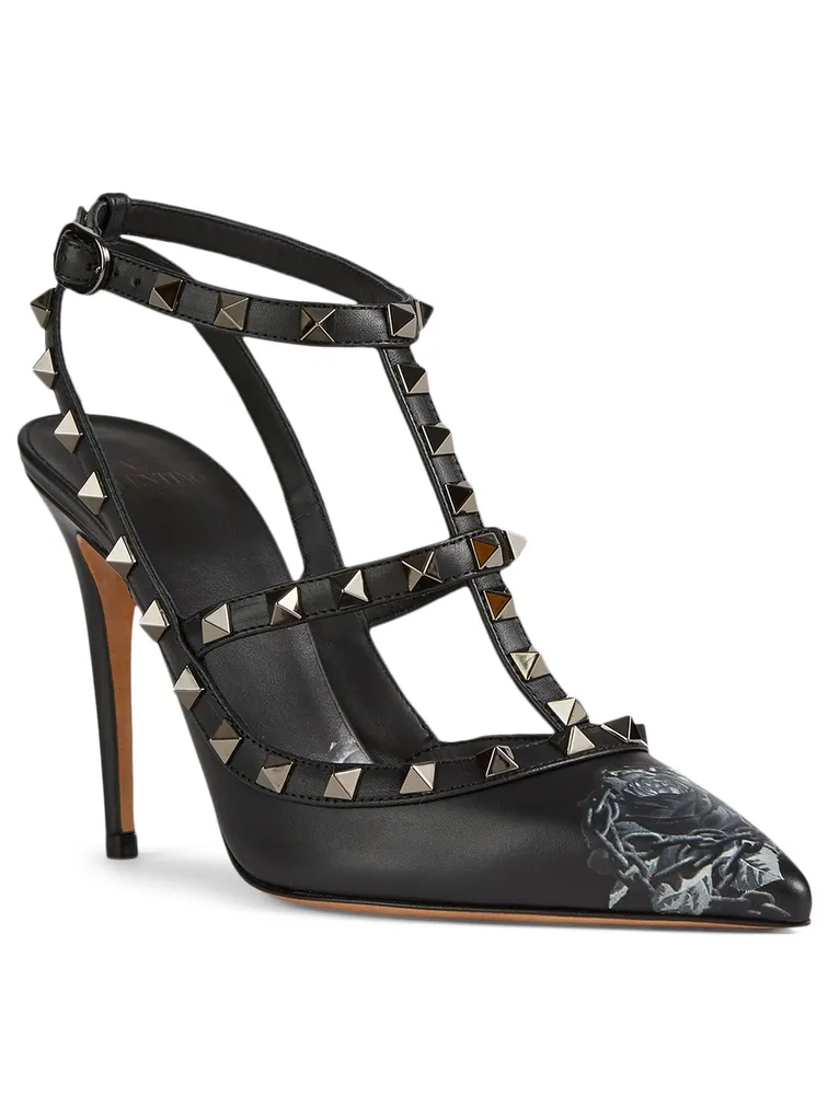 Rockstud Leather Caged Pumps Floral Print