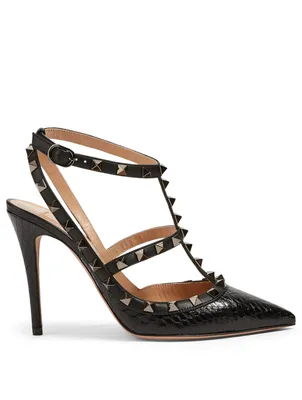 Rockstud Snake-Embossed Leather Caged Pumps