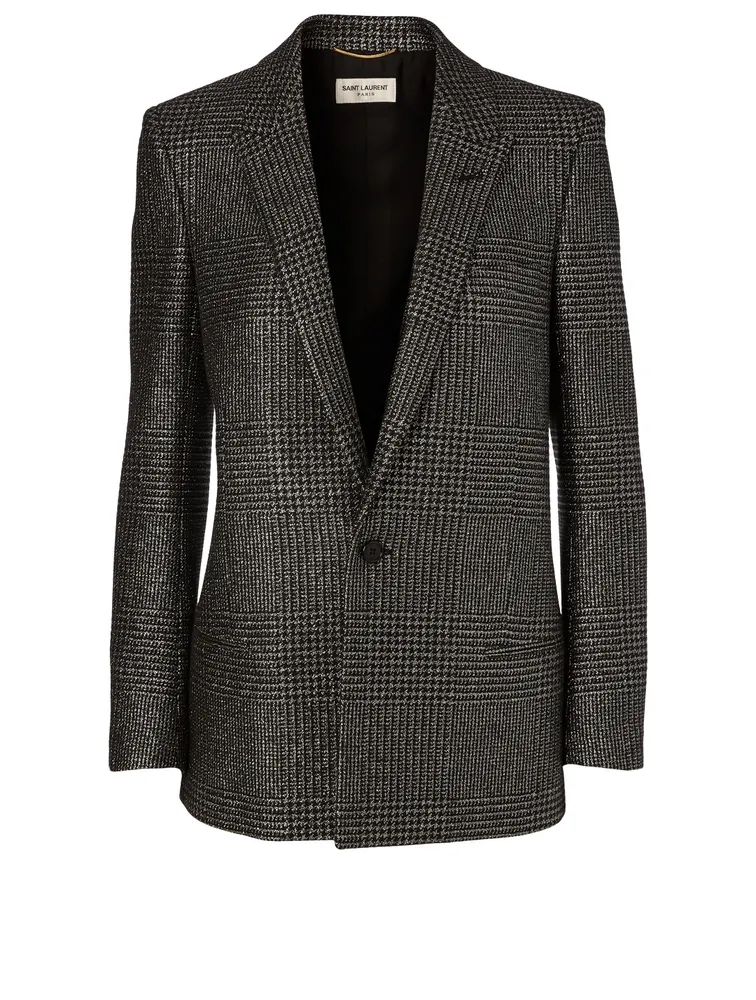 Wool-Blend Blazer Plaid Print