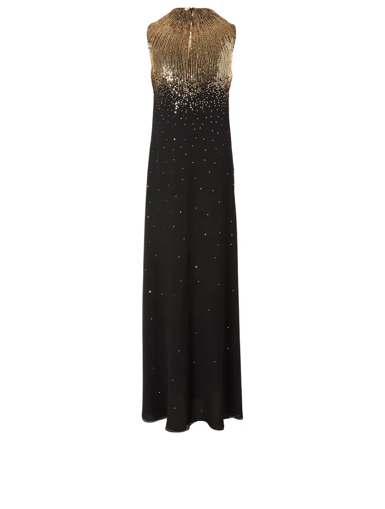 Silk Sequin Embroidered Evening Dress